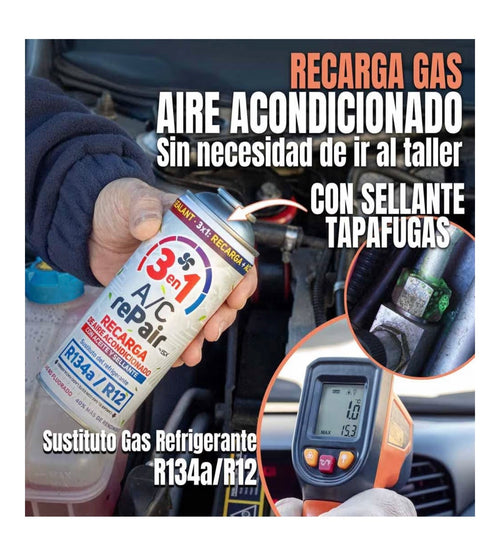 AC REPAIR 3 en 1 Recarga Aire Acondicionado Coche con Aceite y Sellante Detector Tapa Fugas 220g, Sustituto Gas Refrigerante R134a R12, Fácil de Usar, Recambio Sellador Compatible Coches 1992-2016